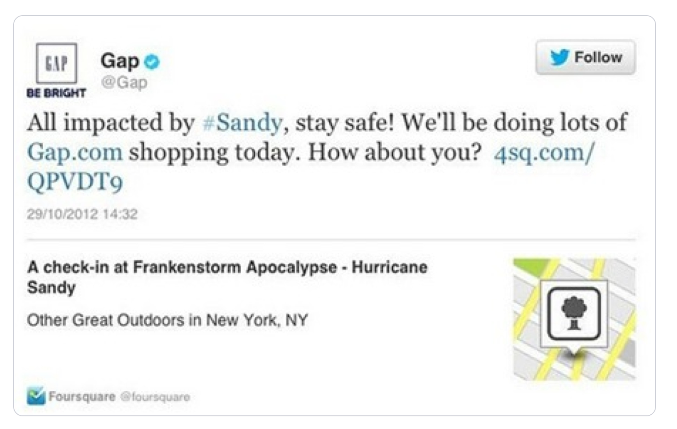Gap's terrible Tweet newsjacking the tragedy of hurricane Sandy
