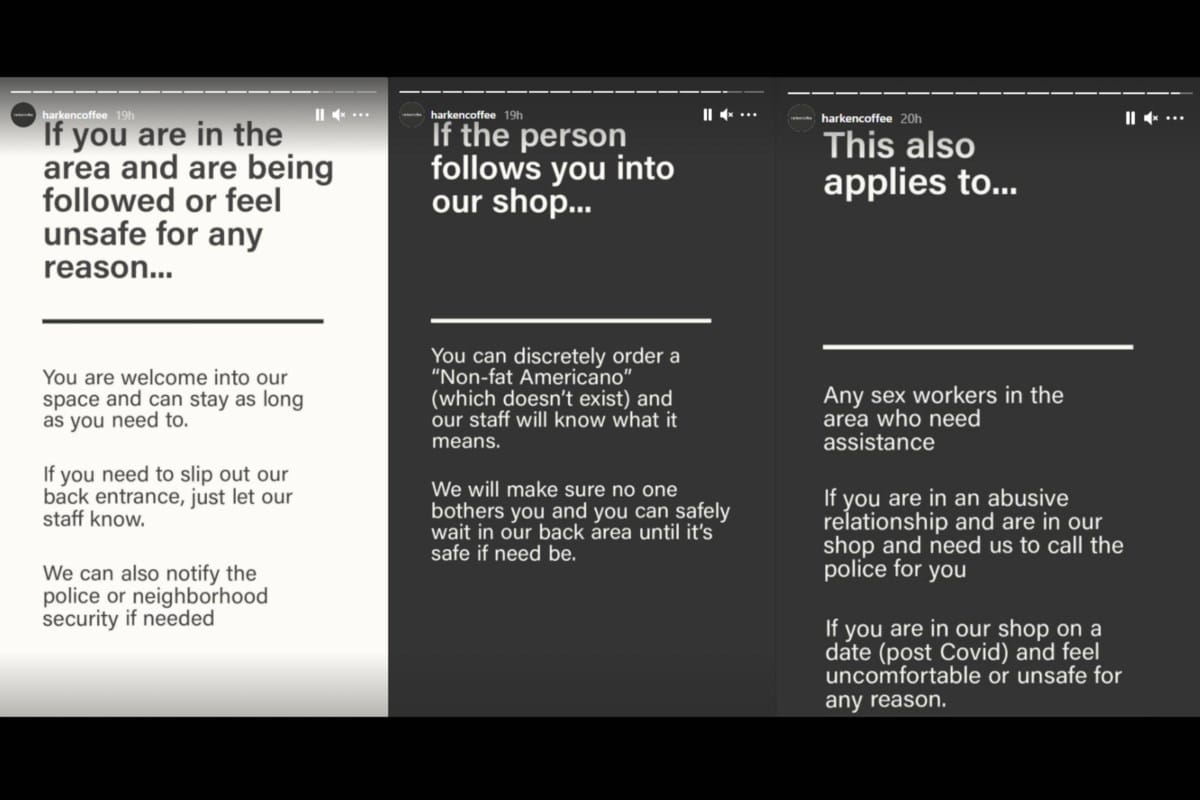Instagram stories showing Harken Coffee's Safe Space Initiative