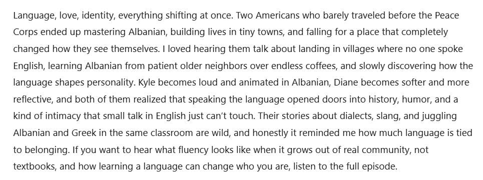 Screenshot of ChatGPT’s first draft of podcast show notes, showing a long, detailed paragraph generated from the transcript before any human editing or SEO refinement.