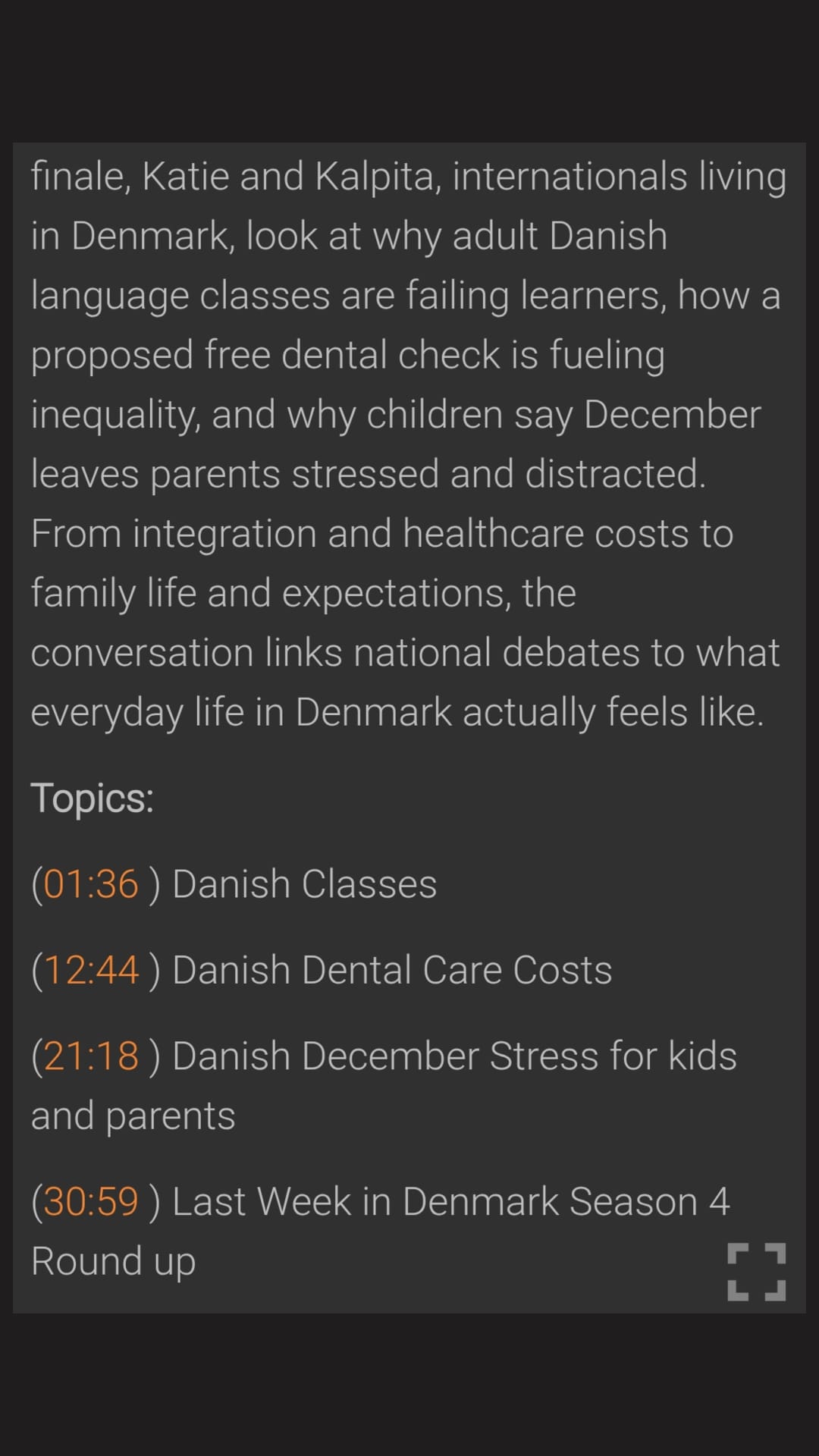 Podcast Addict show notes displaying audio chapters and timestamps for a podcast episode, illustrating how chapters appear as structured metadata within a podcast app.