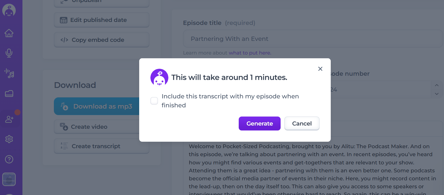 Automatically generating a podcast transcript in Alitu