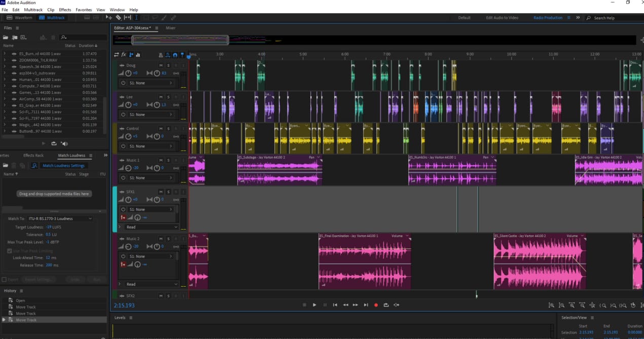 One of my (rather busy) Adobe Audition audio drama sessions