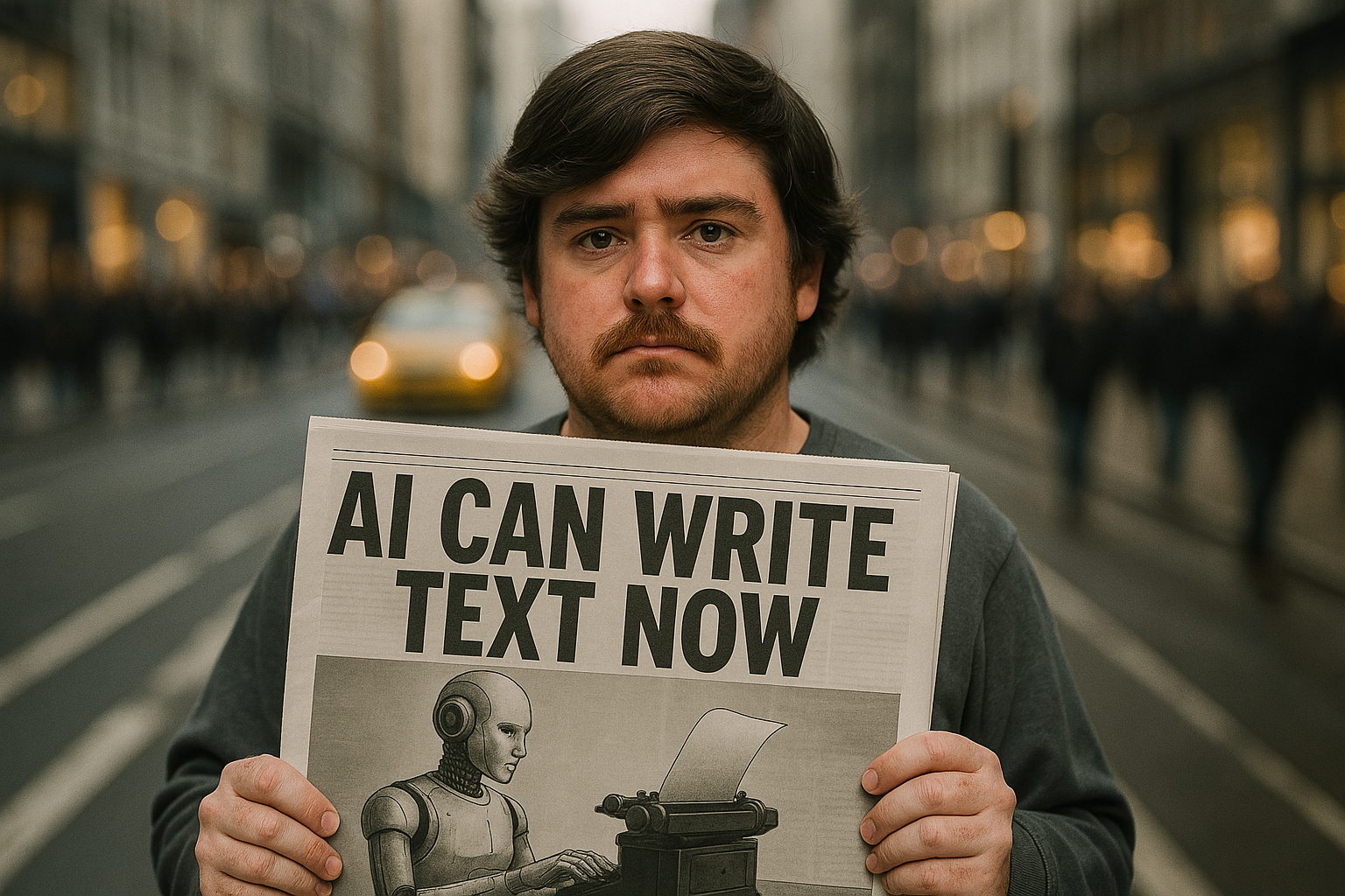 An AI-take on Jacob the author holds up a newspaper which reads "AI CAN WRITE TEXT NOW"